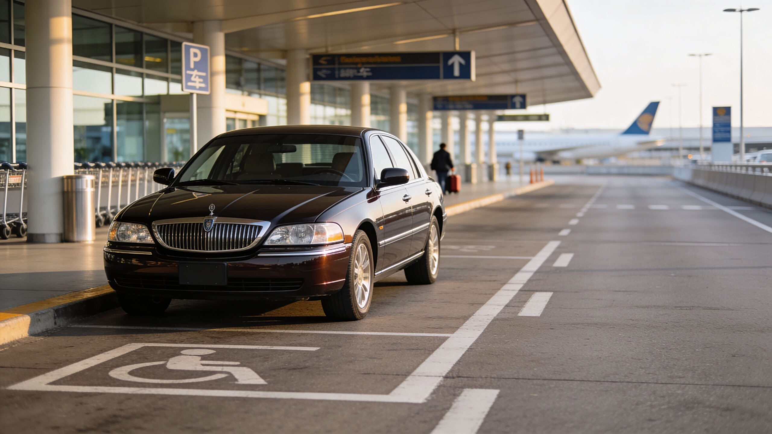 A luxurious Lincoln Town Car parked in a designated handicap spot at an airport terminal.