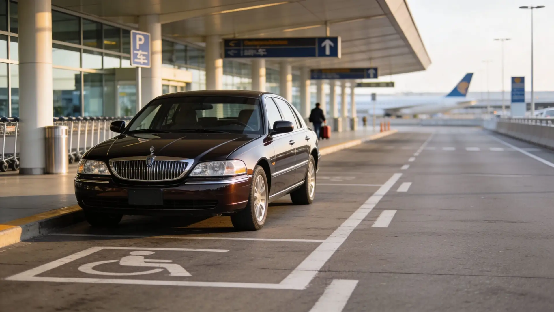 Premium LAX to SNA Car Service & Executive Guide 11 A luxurious Lincoln Town Car parked in a designated handicap spot at an airport terminal.