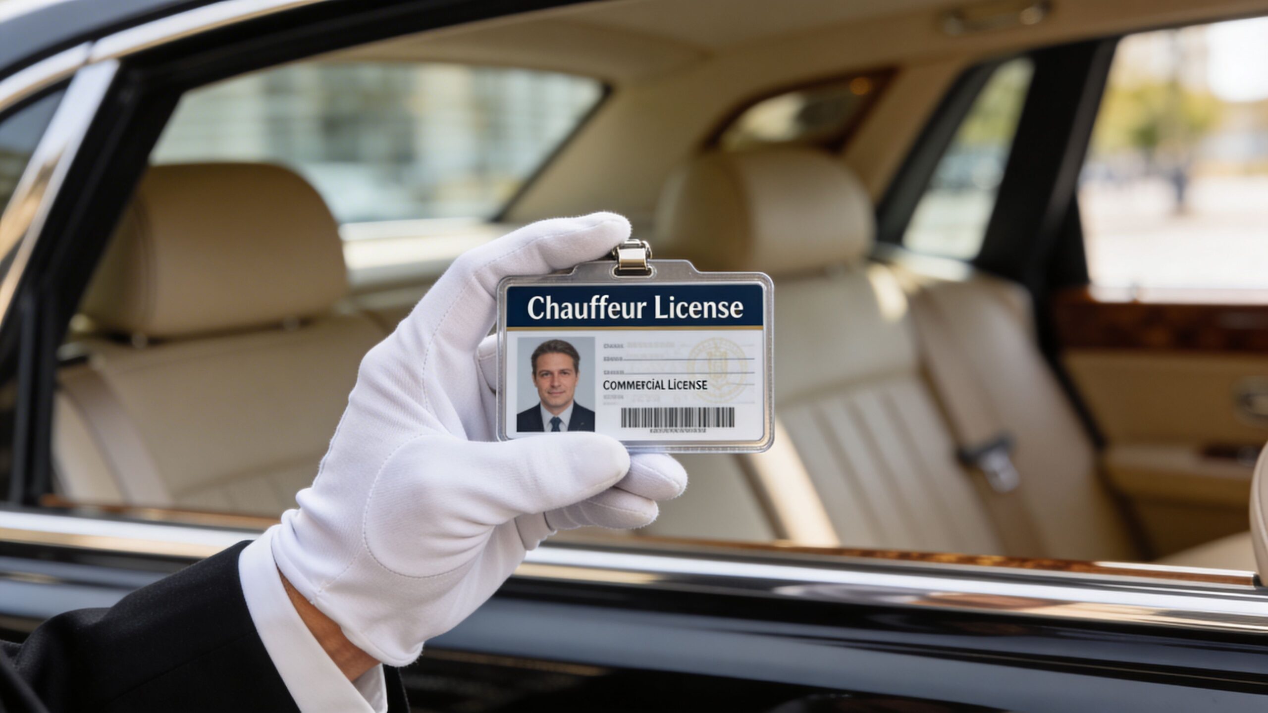 Long Distance Car Service: Your Calm Journey 4 A professional chauffeur wearing a white glove holds up a commercial chauffeur license ID card.