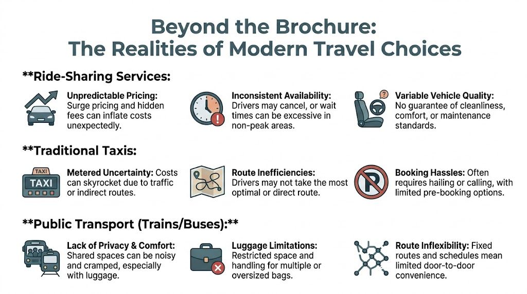 Long Distance Car Service: Your Calm Journey 1 An infographic detailing the common disadvantages and realities of using ride-sharing services, traditional taxis, and public transportation.