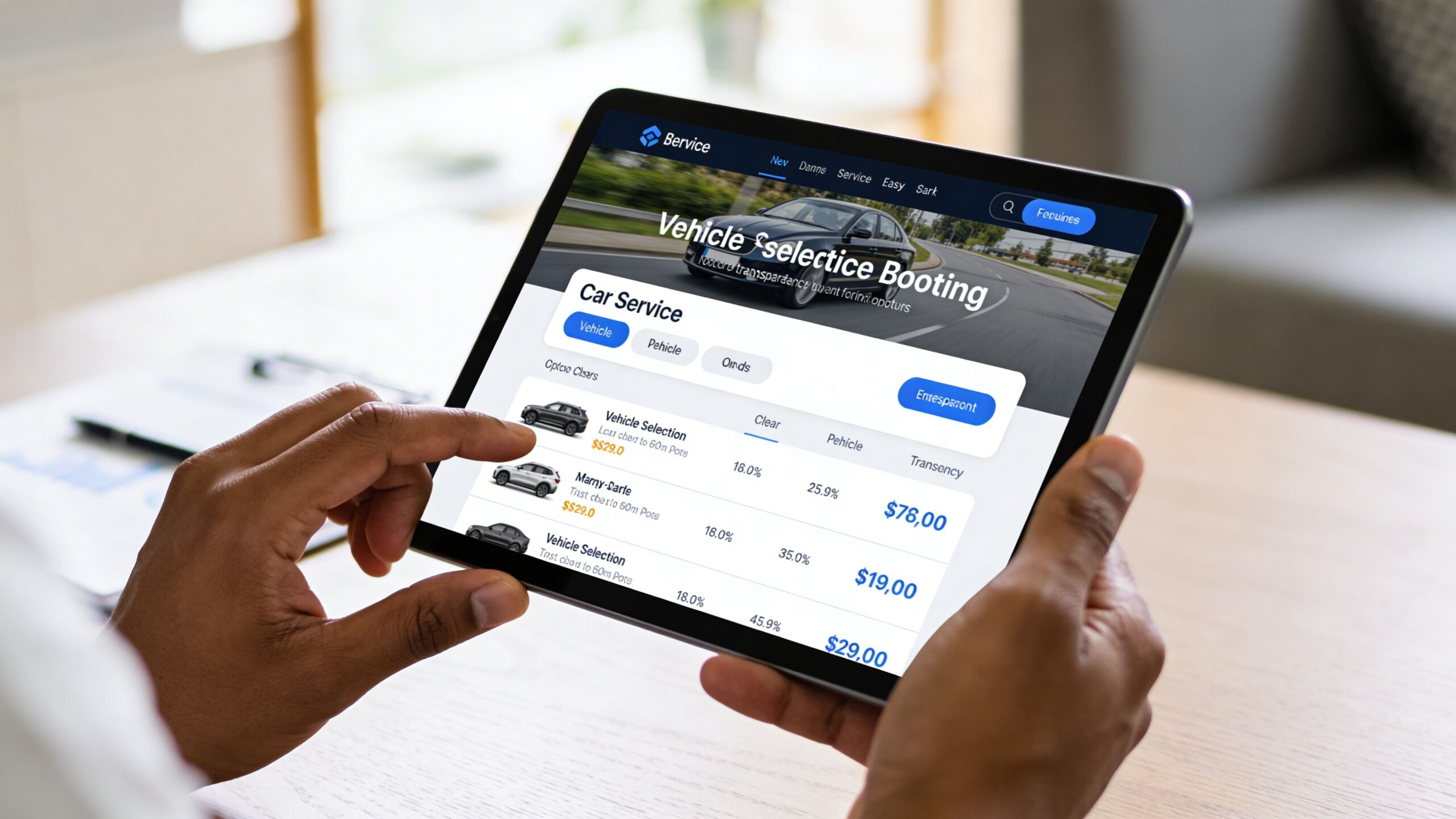 Long Distance Car Service: Your Calm Journey 3 A person using a tablet to navigate a car service booking website with various vehicle options.