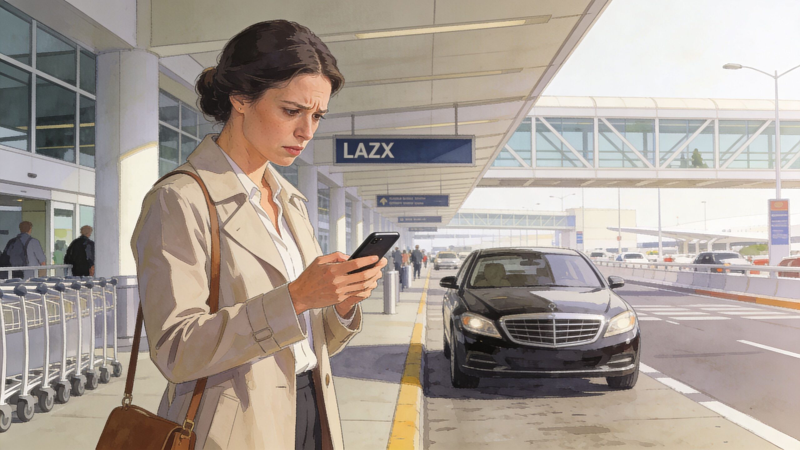 A concerned woman checking her smartphone while standing outside an airport terminal with a luxury car nearby.