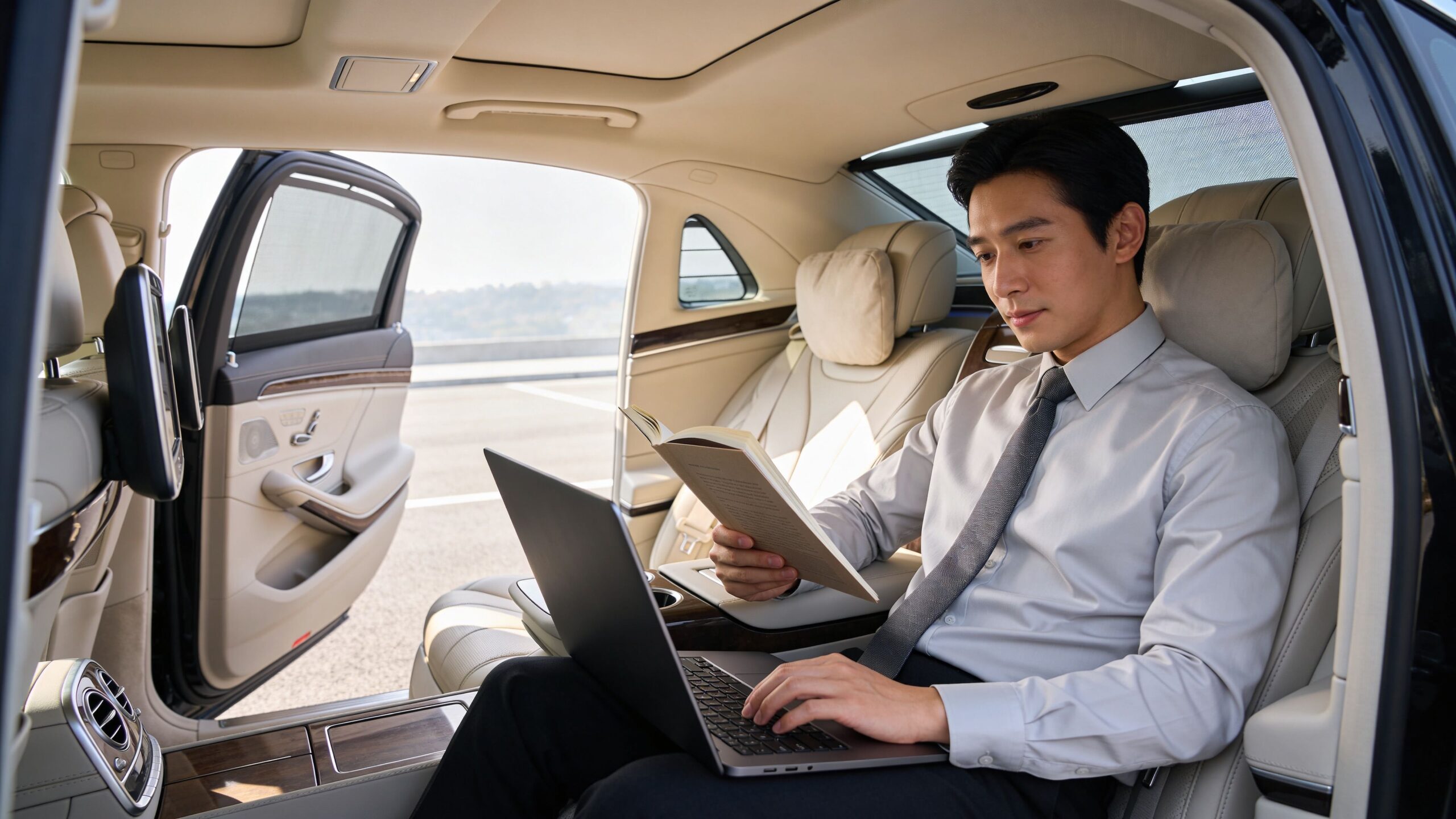 A professional businessman in a suit sitting in the back of a luxury car, reading a book.