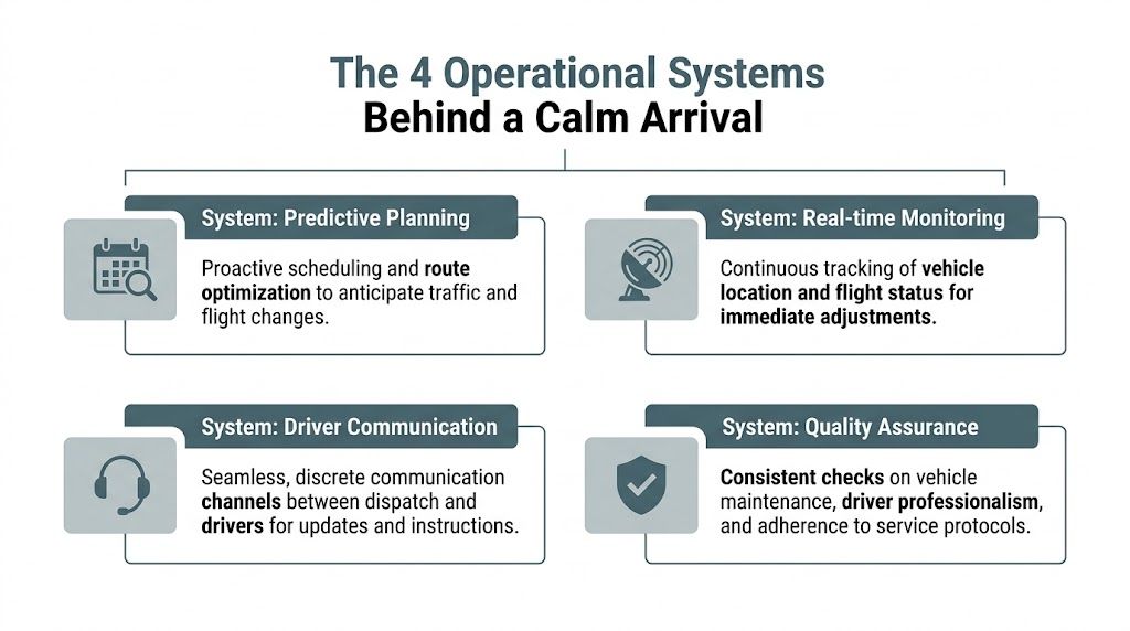An infographic detailing the four operational systems for smooth transportation: predictive planning, real-time monitoring, driver communication, and quality assurance.