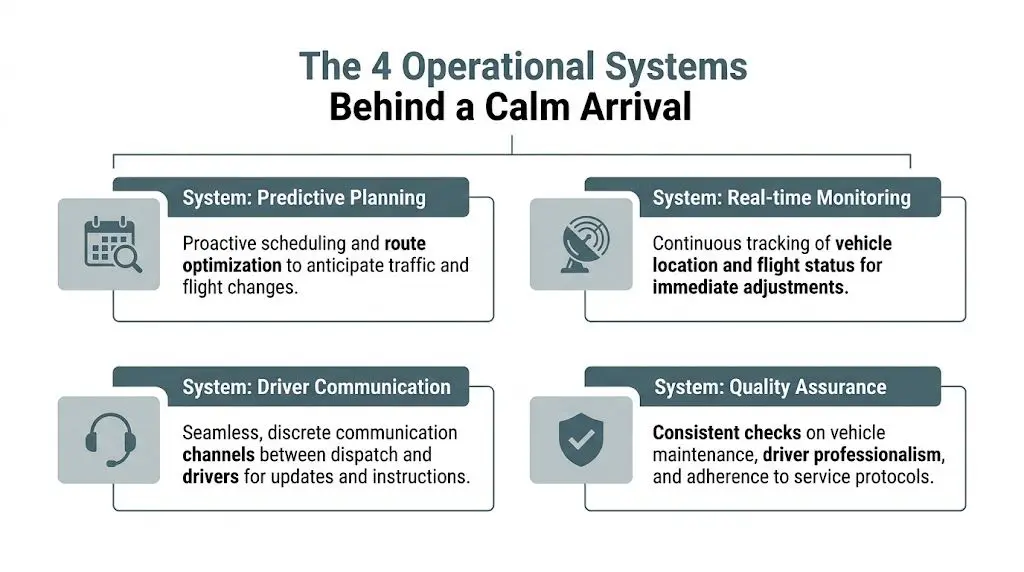An infographic detailing the four operational systems for smooth transportation: predictive planning, real-time monitoring, driver communication, and quality assurance.