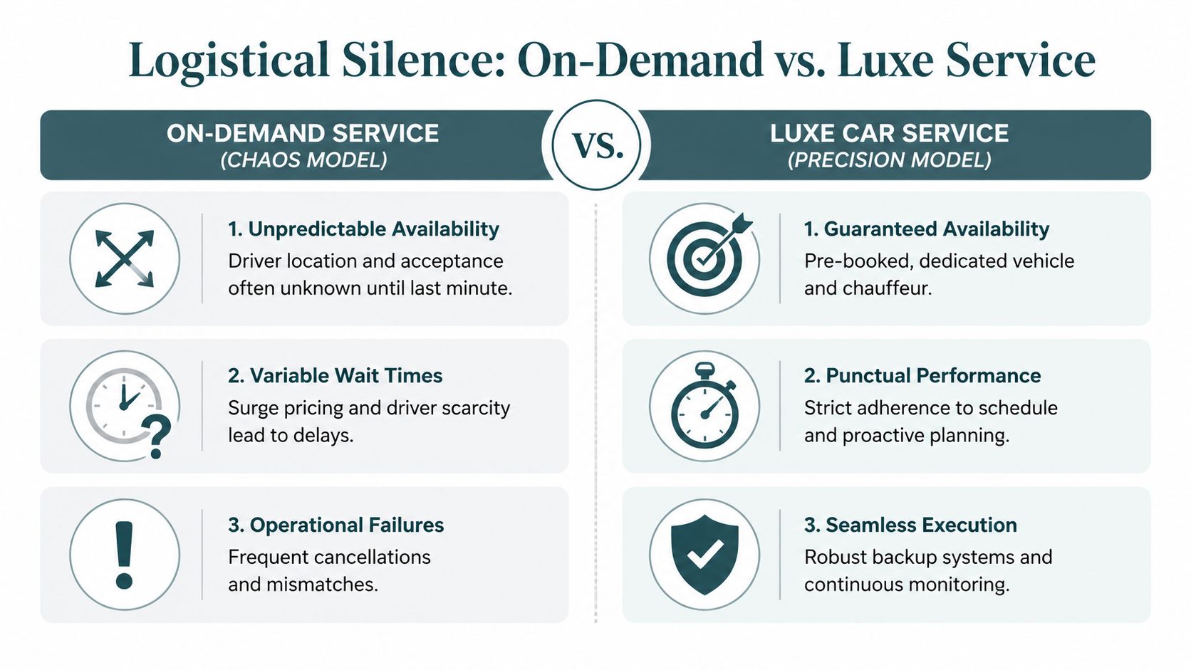 Luxe Car Service: 5 Signs of Reliability 3 A comparison chart contrasting the unpredictability of on-demand car services with the reliability of luxe car services.