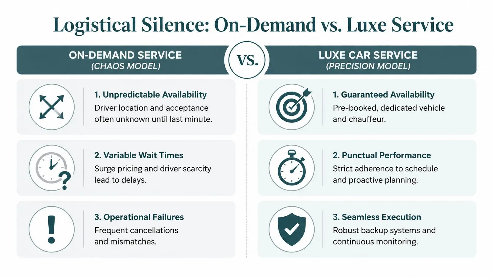 Luxe Car Service: 5 Signs of Reliability 3 A comparison chart contrasting the unpredictability of on-demand car services with the reliability of luxe car services.