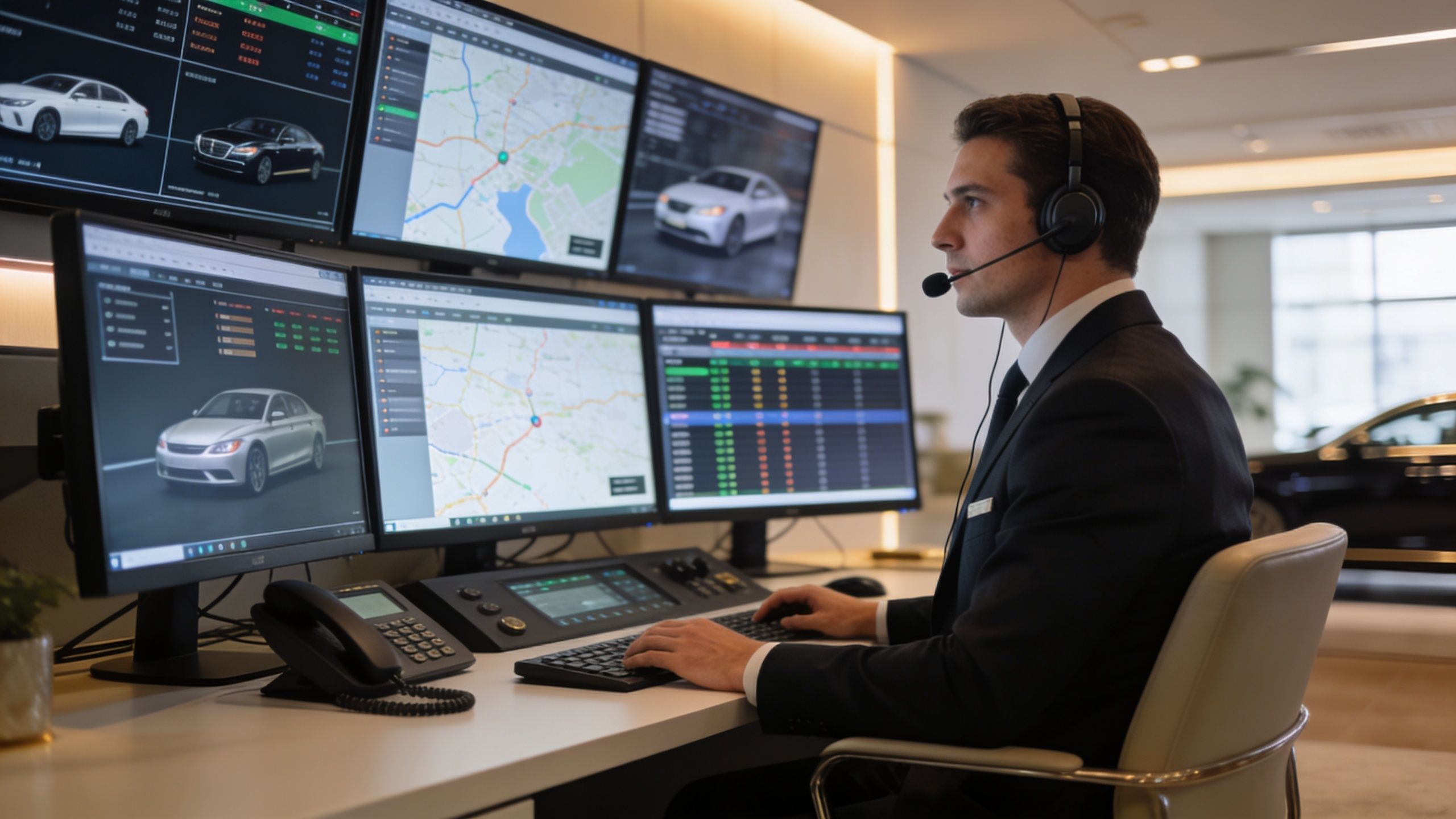 Luxe Car Service: 5 Signs of Reliability 2 A professional operator wearing a headset monitors luxury car locations and data on multiple digital screens.