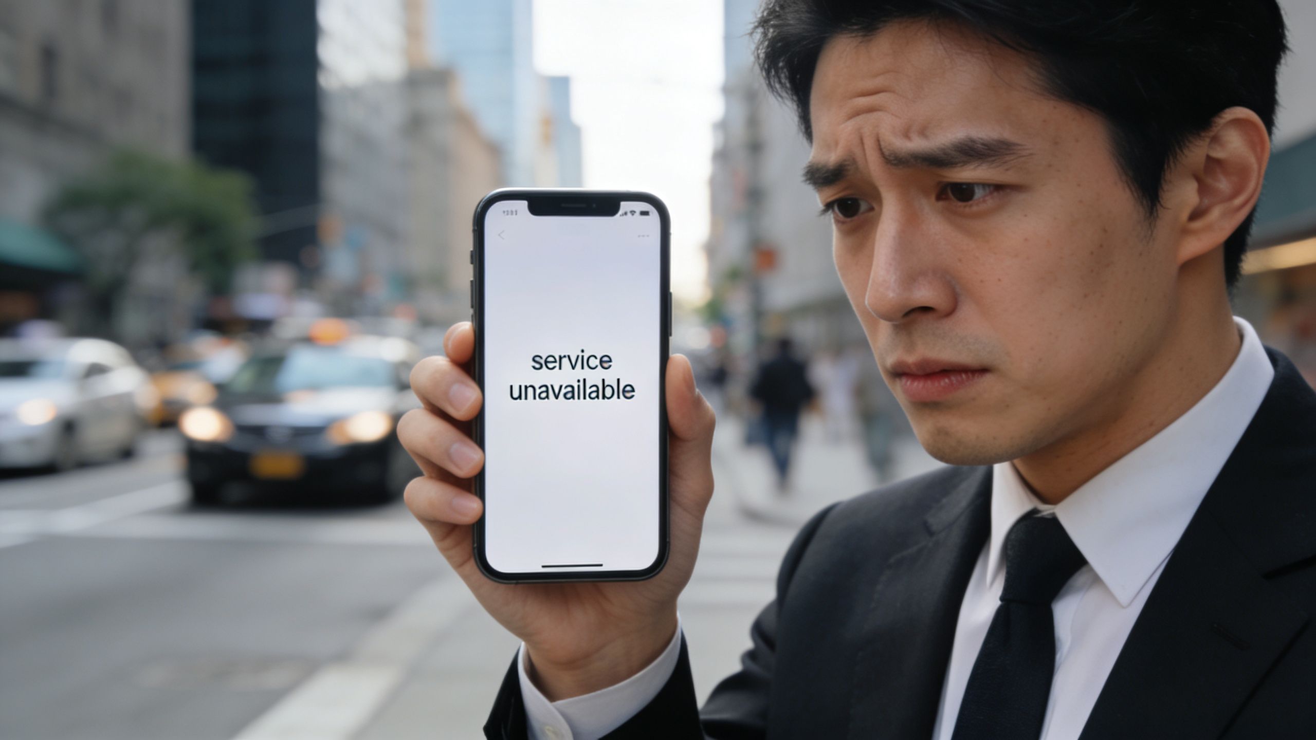 Luxe Car Service: 5 Signs of Reliability 1 A concerned businessman in a suit holding a smartphone displaying a service unavailable error message on screen.