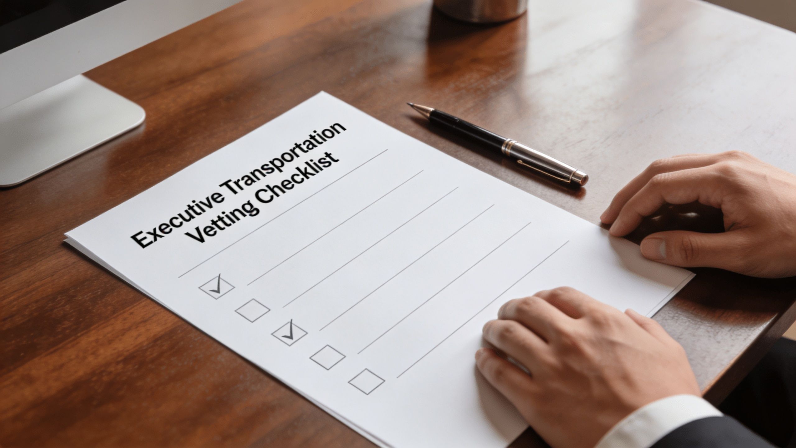 Luxe Car Service: 5 Signs of Reliability 4 A professional holding a pen above a paper titled Executive Transportation Vetting Checklist on a wooden desk.