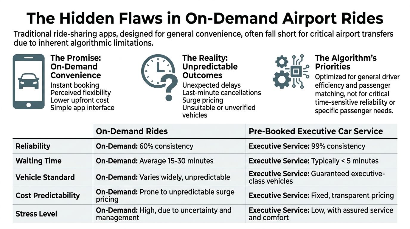 Luxe Elite Transportation: Calm Airport Travel System 2 A comparison chart showing the flaws of on-demand rides versus the benefits of pre-booked executive car services.