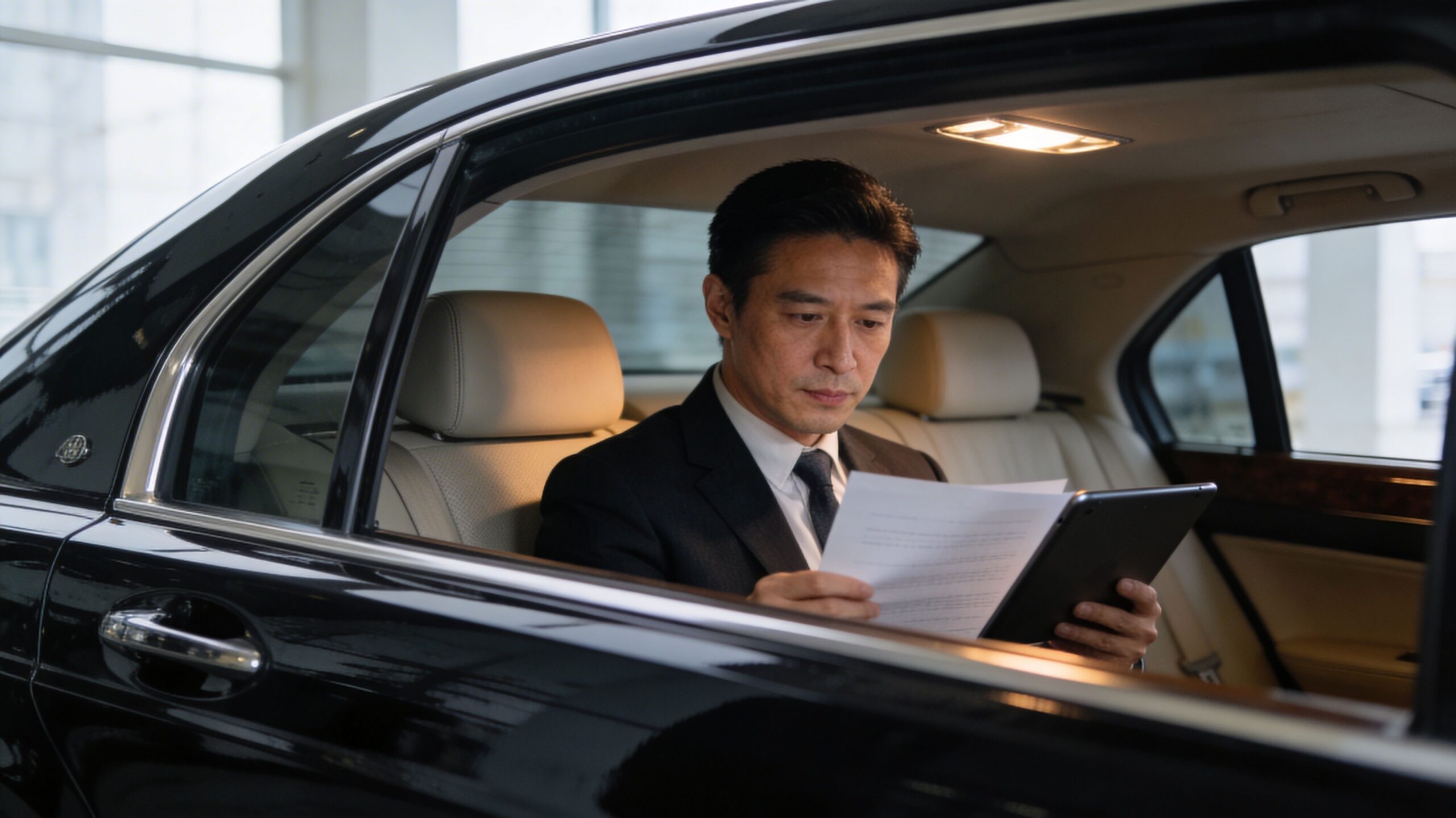 Luxe Elite Transportation: Calm Airport Travel System 4 A professional man in a suit reading documents and a tablet in the backseat of a luxury car.