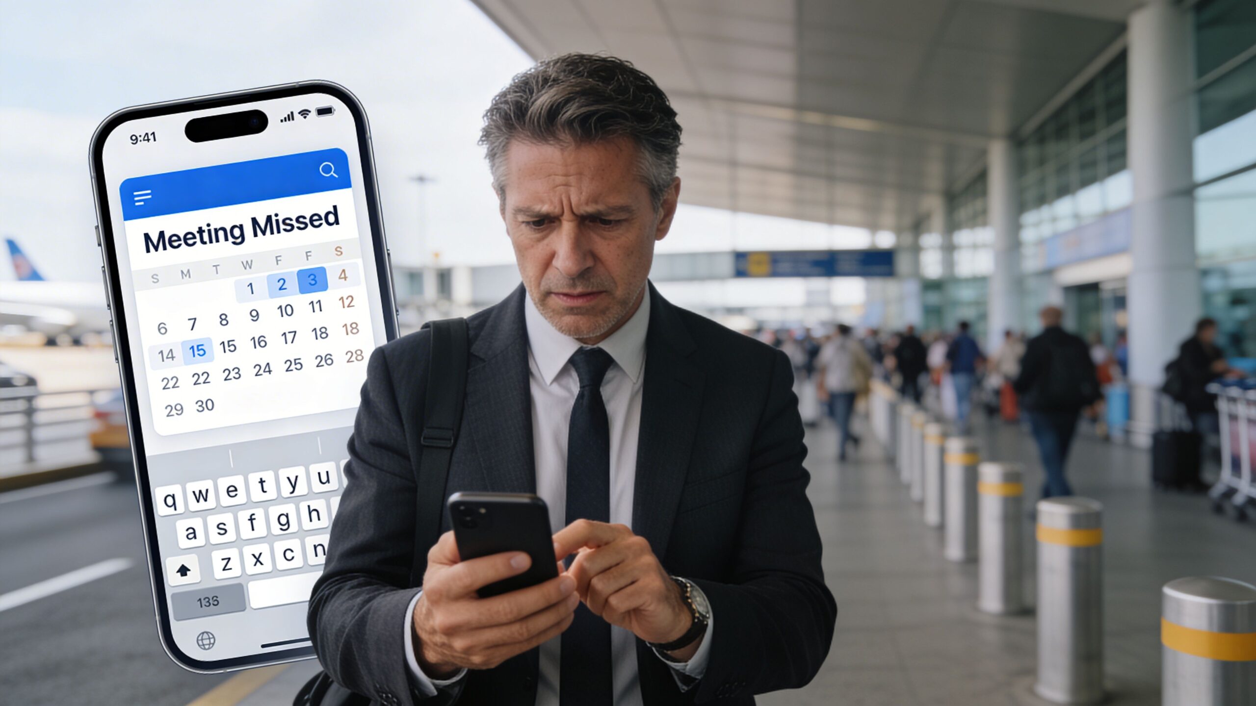 Luxe Elite Transportation: Calm Airport Travel System 3 A worried businessman at an airport looking at his phone displaying a missed meeting calendar notification.