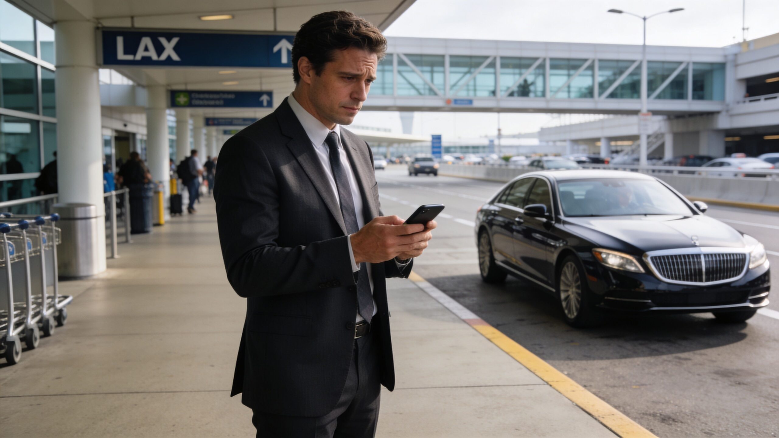 A professional man in a formal suit uses his smartphone while waiting at an airport terminal entrance.