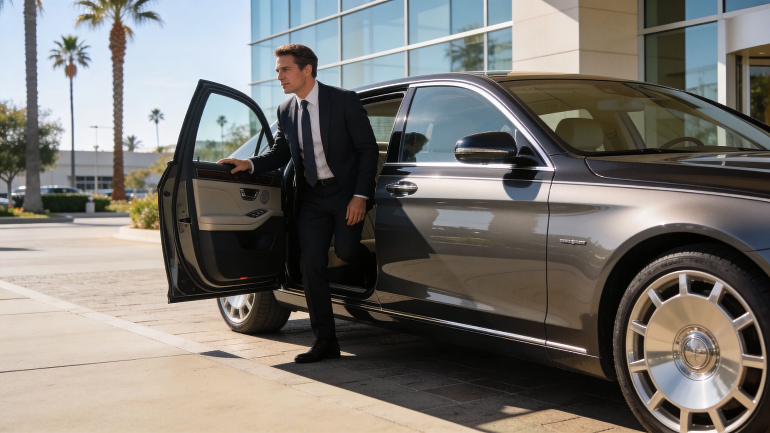 A sophisticated businessman in a dark suit exiting a luxurious gray sedan at a modern office building entrance.