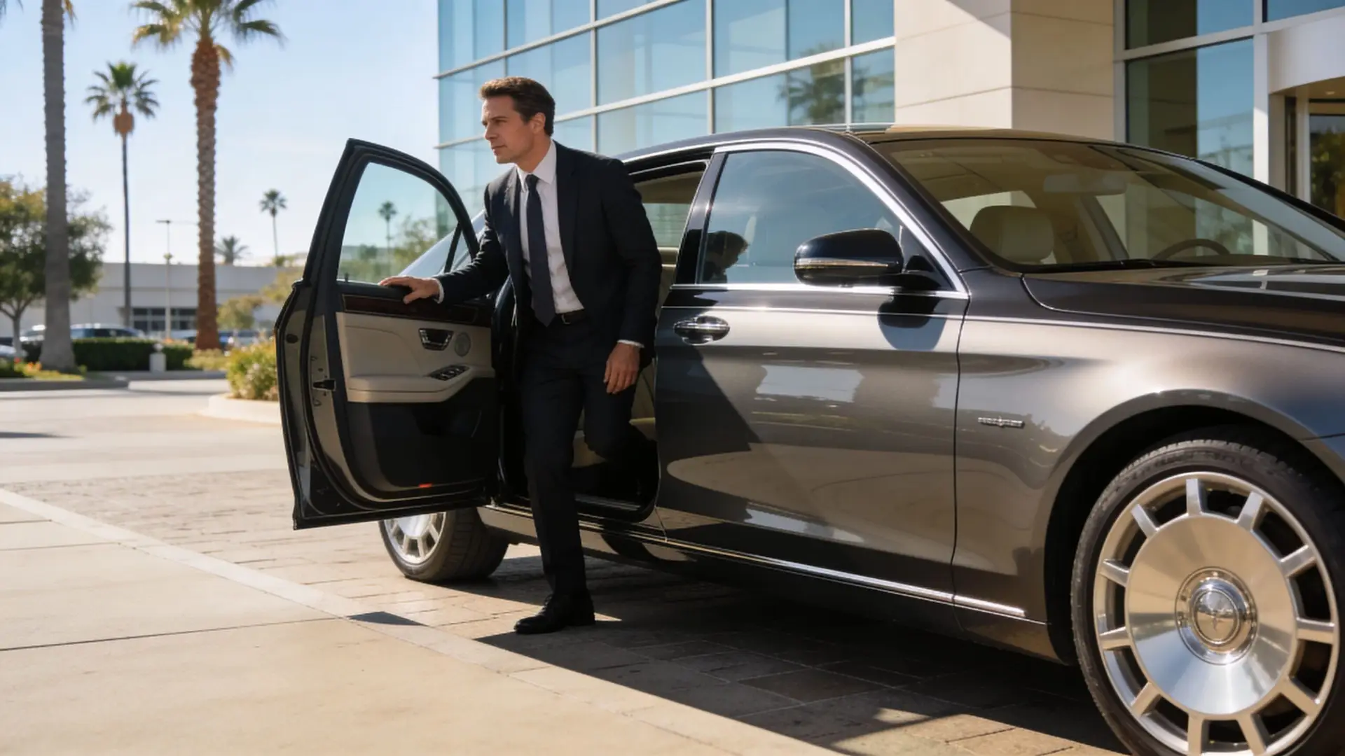 Luxe Transportation: Premium Airport Chauffeur Service 3 A sophisticated businessman in a dark suit exiting a luxurious gray sedan at a modern office building entrance.