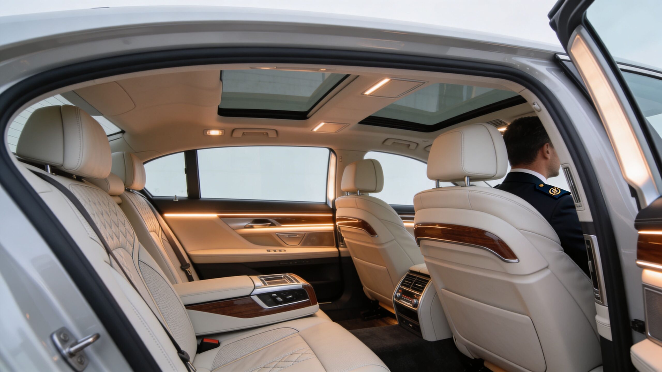 A professional chauffeur sitting in the driver seat of a luxurious car with cream leather interior.