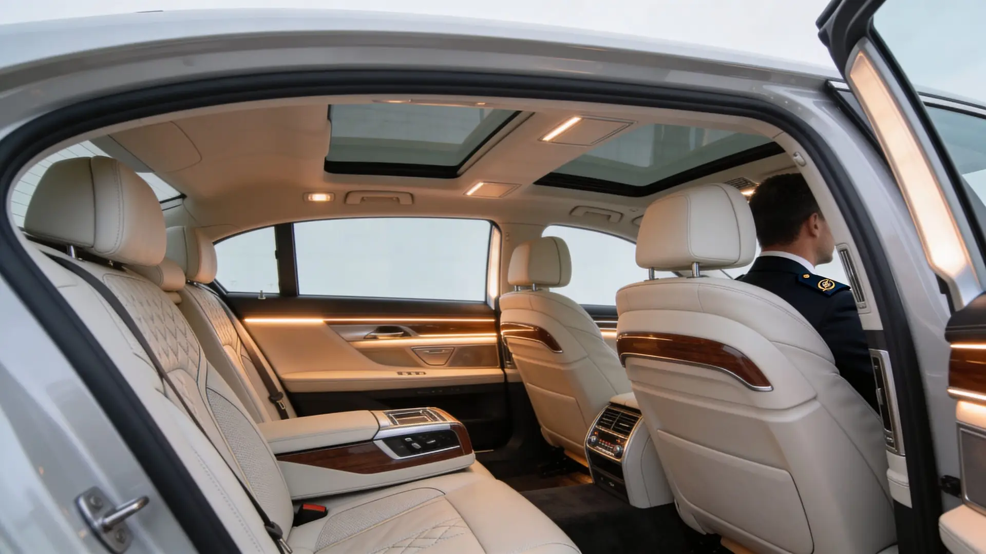 Luxe Transportation: Premium Airport Chauffeur Service 4 A professional chauffeur sitting in the driver seat of a luxurious car with cream leather interior.