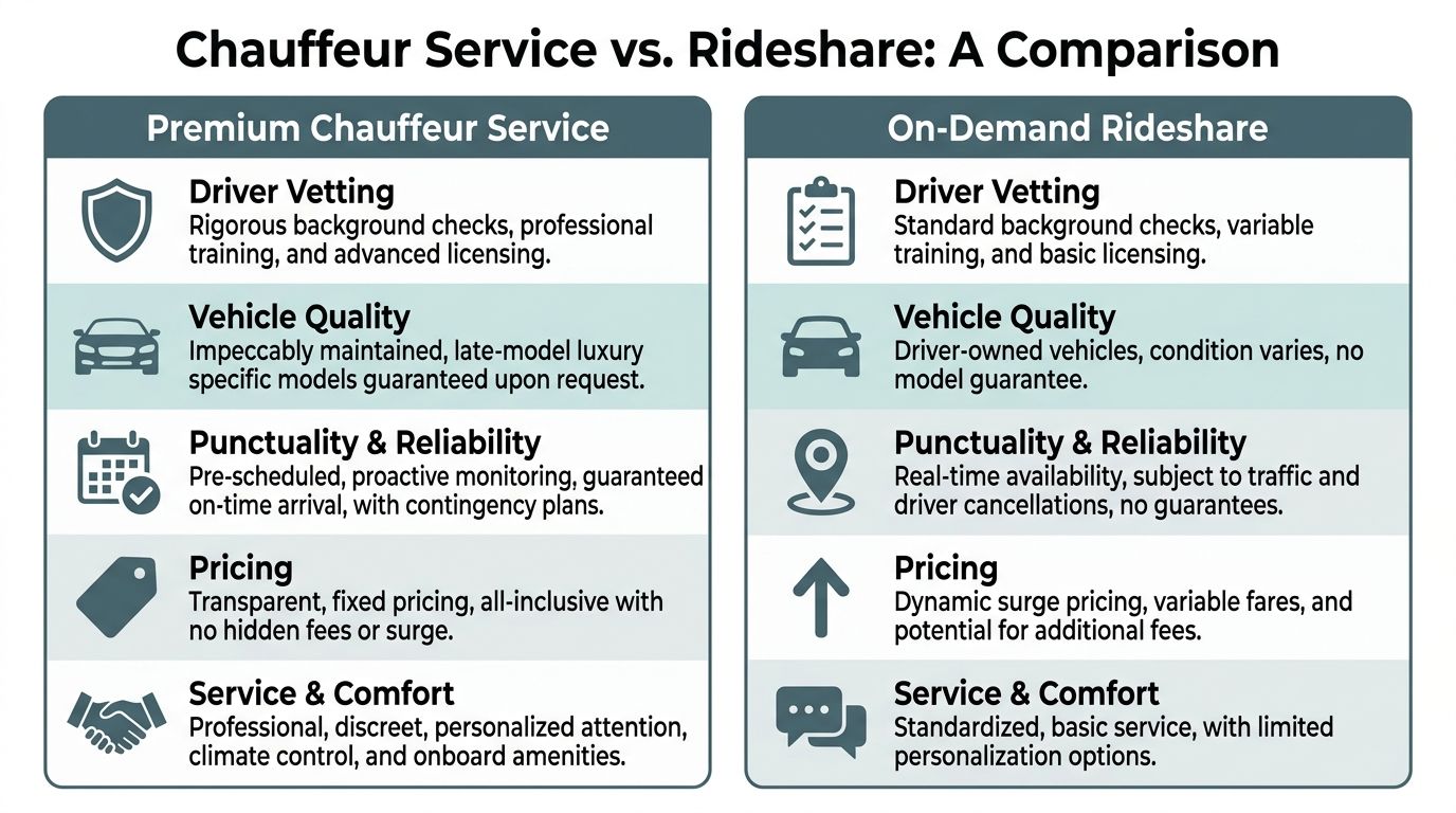 A comparison chart outlining the key differences between premium chauffeur services and on-demand rideshare platforms.