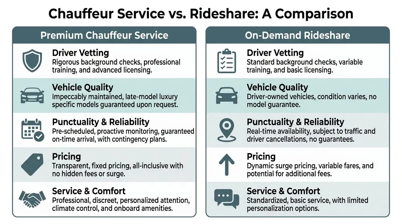 Luxe Transportation: Premium Airport Chauffeur Service 2 A comparison chart outlining the key differences between premium chauffeur services and on-demand rideshare platforms.