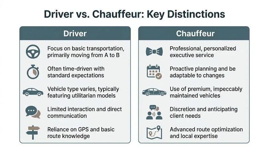 A comparison chart outlining the key differences between a standard driver and a professional chauffeur service.