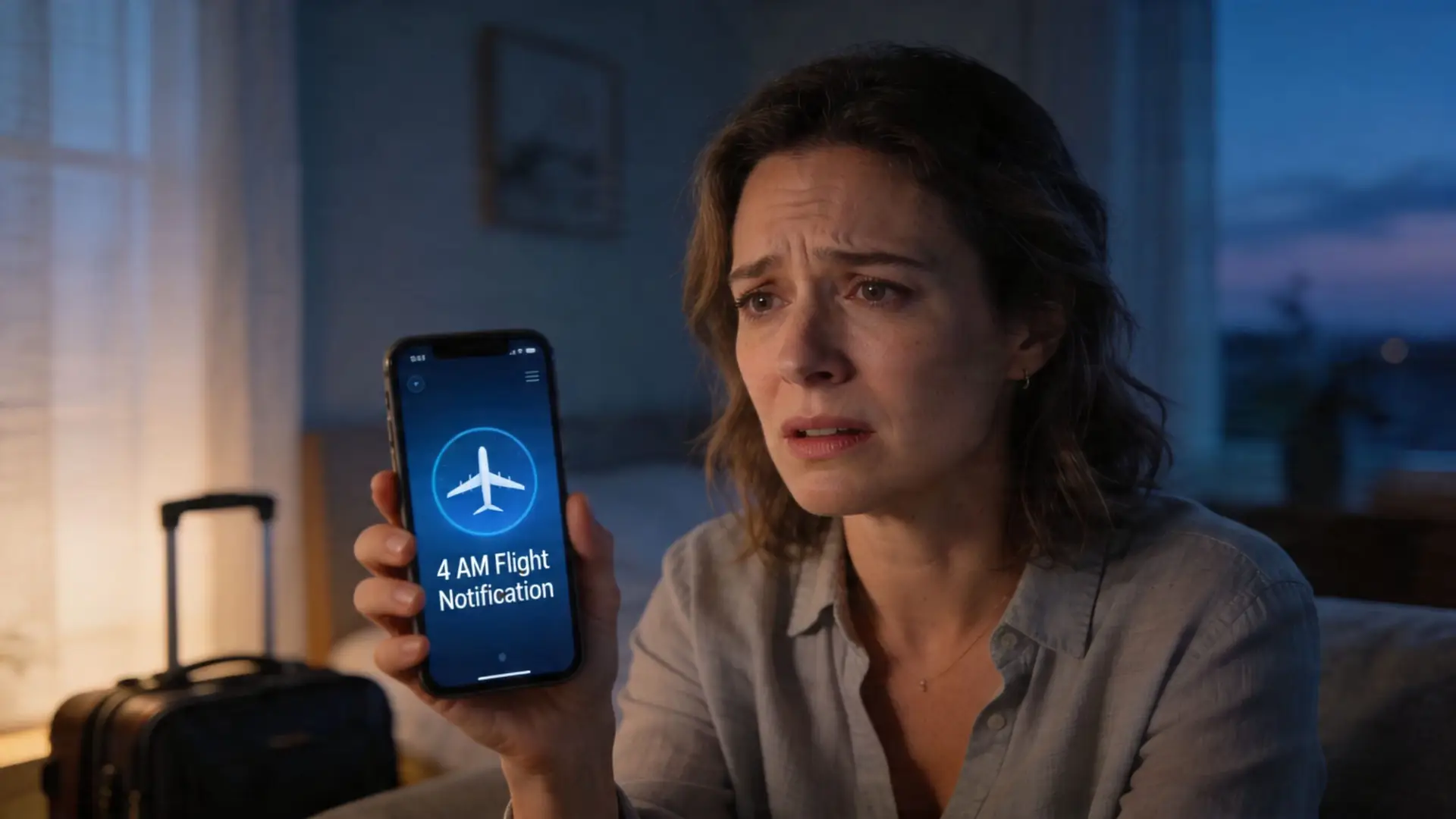 A concerned woman holding a smartphone displaying an early morning flight notification with a suitcase nearby.