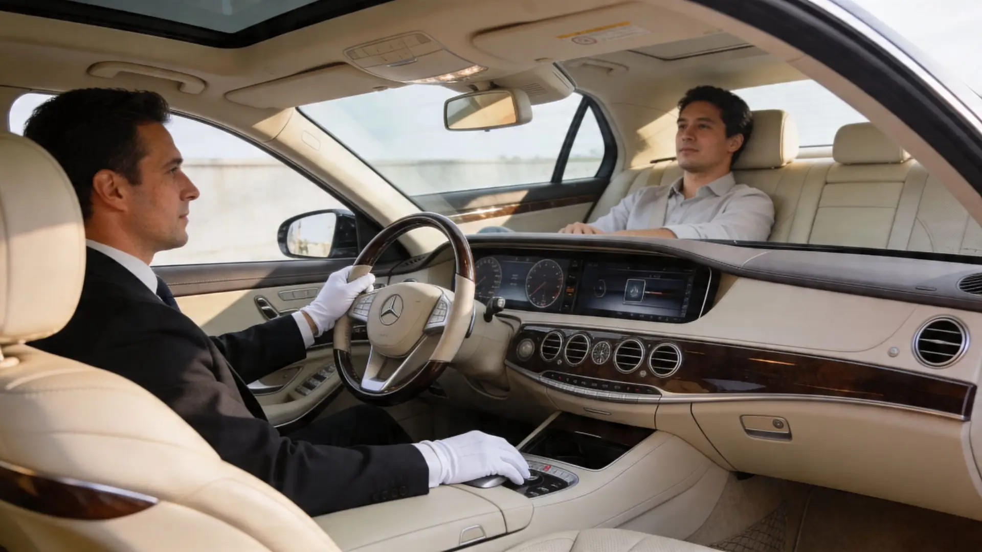 A professional chauffeur wearing white gloves drives a luxury Mercedes-Benz with a passenger sitting in the back.