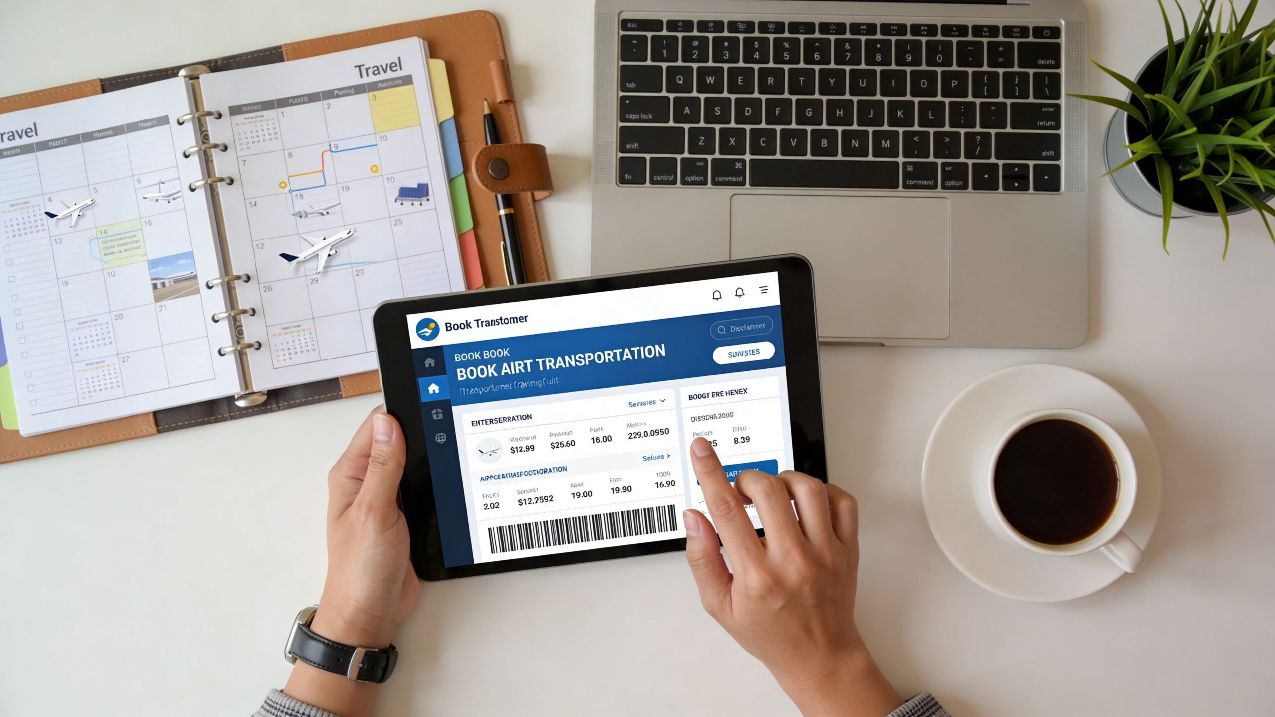 A person using a tablet to book air transportation services while working at a desk with a laptop.