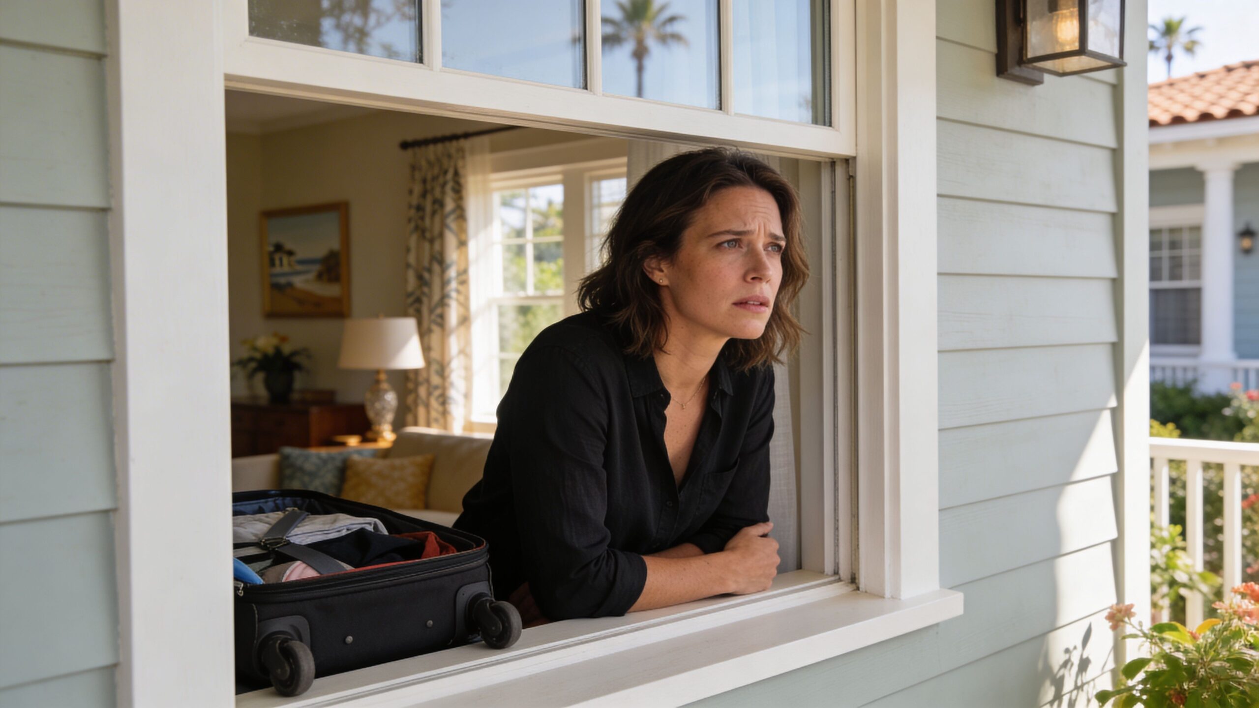 A woman looks concerned while leaning out of a window with a packed suitcase sitting beside her.