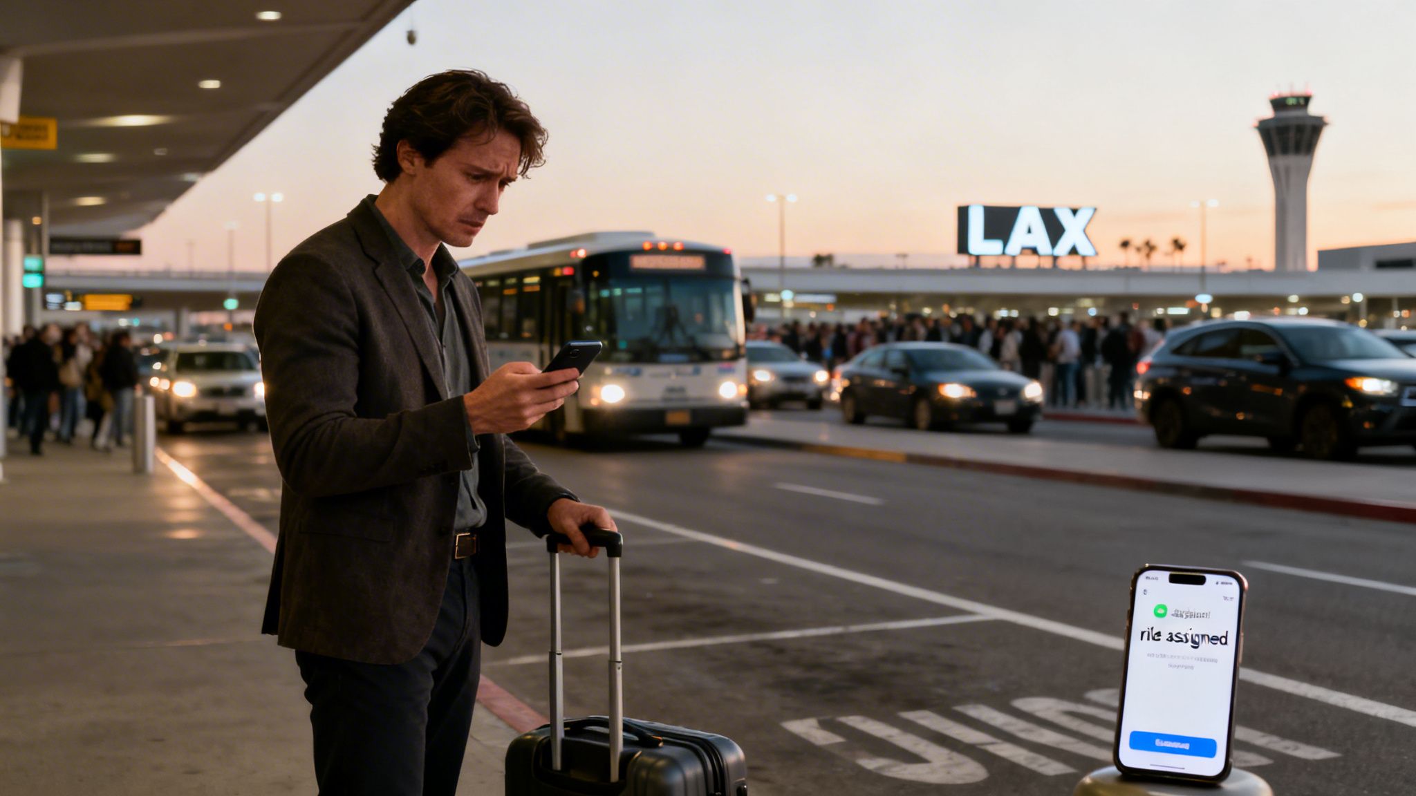 Private Airport Shuttle LAX: 5 Steps to Fix Travel Chaos in 2026 1 A man checks his phone for a ride at LAX airport at sunset with luggage.