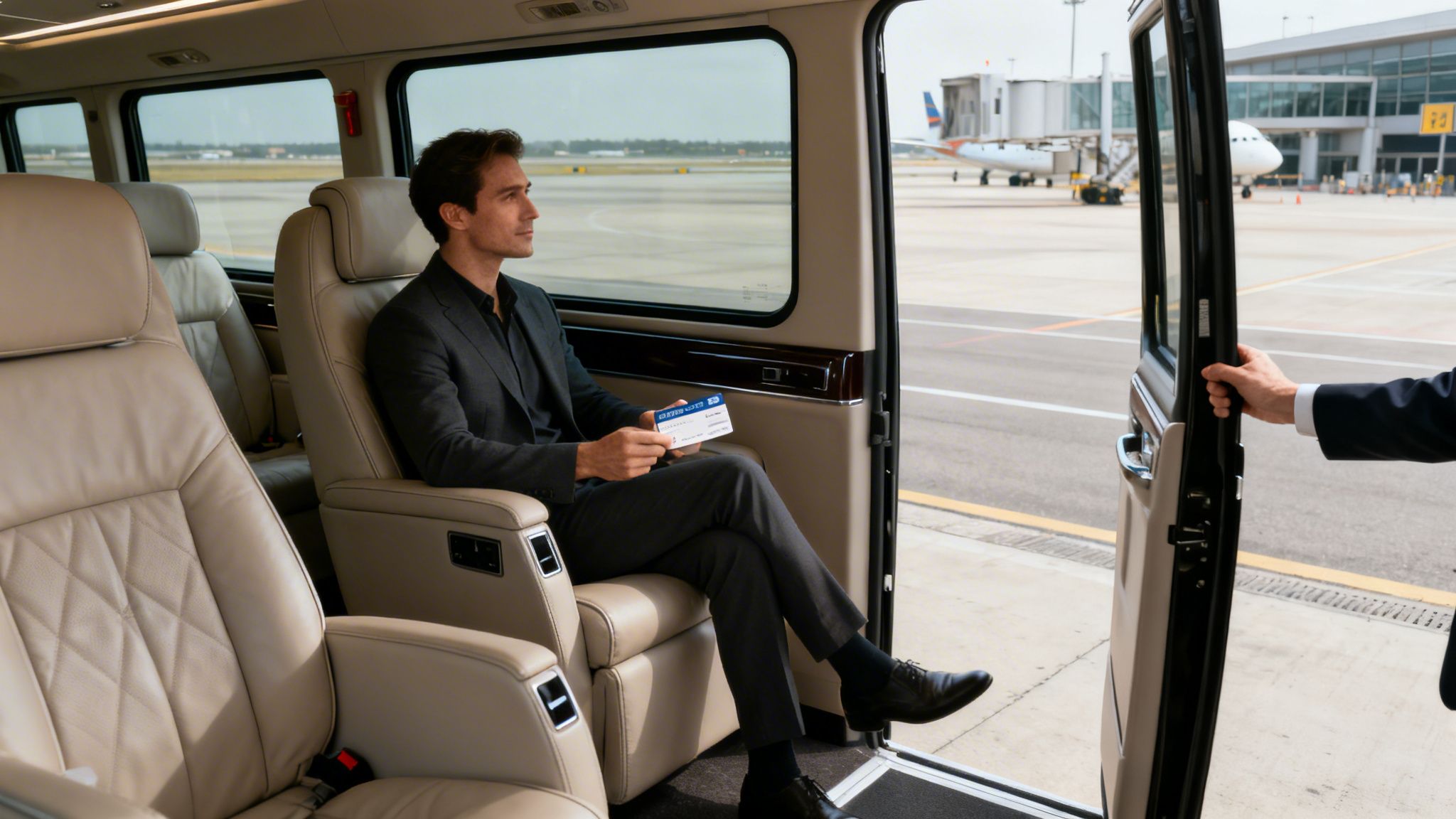 Private Airport Shuttle LAX: 5 Steps to Fix Travel Chaos in 2026 3 A man in a suit holding a boarding pass inside a private airport shuttle, looking out at an airplane.