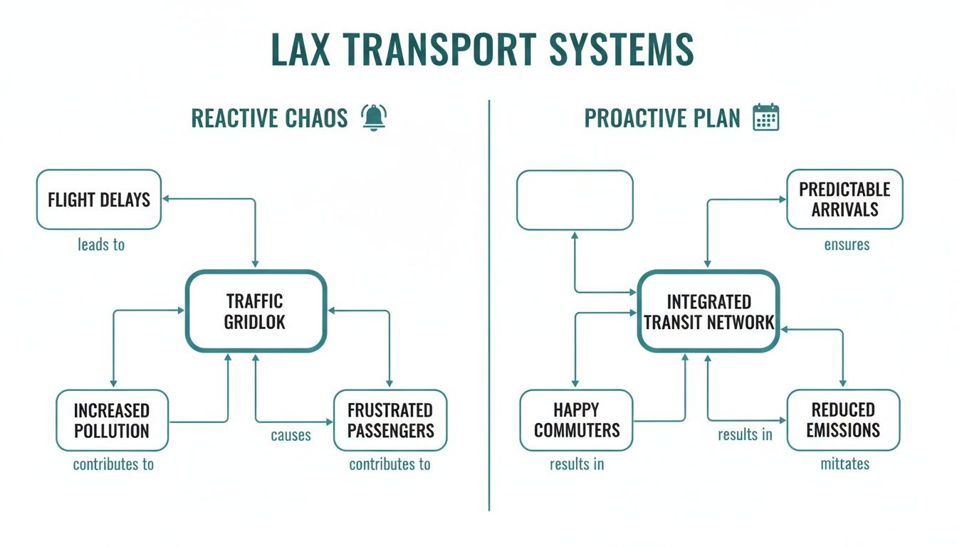 Private Airport Shuttle LAX: 5 Steps to Fix Travel Chaos in 2026 2 A diagram comparing LAX transport systems: reactive chaos leading to traffic gridlock versus a proactive integrated transit plan.