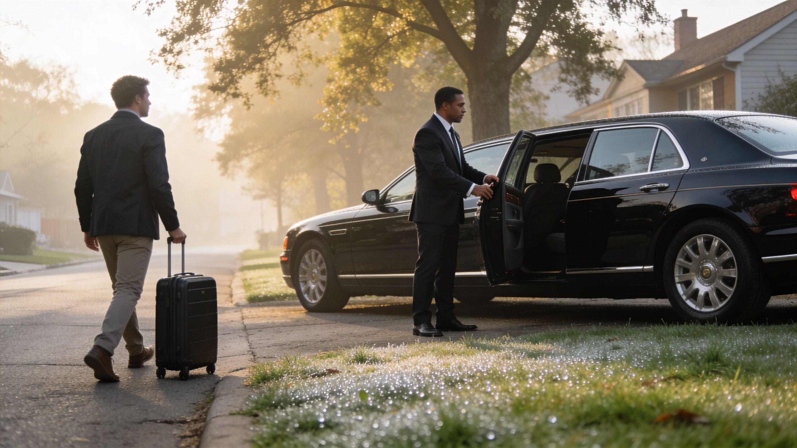 Sedan To LAX: 5 Steps For A Calm Arrival 4 A professional chauffeur opens the door of a black sedan for a traveler with luggage.