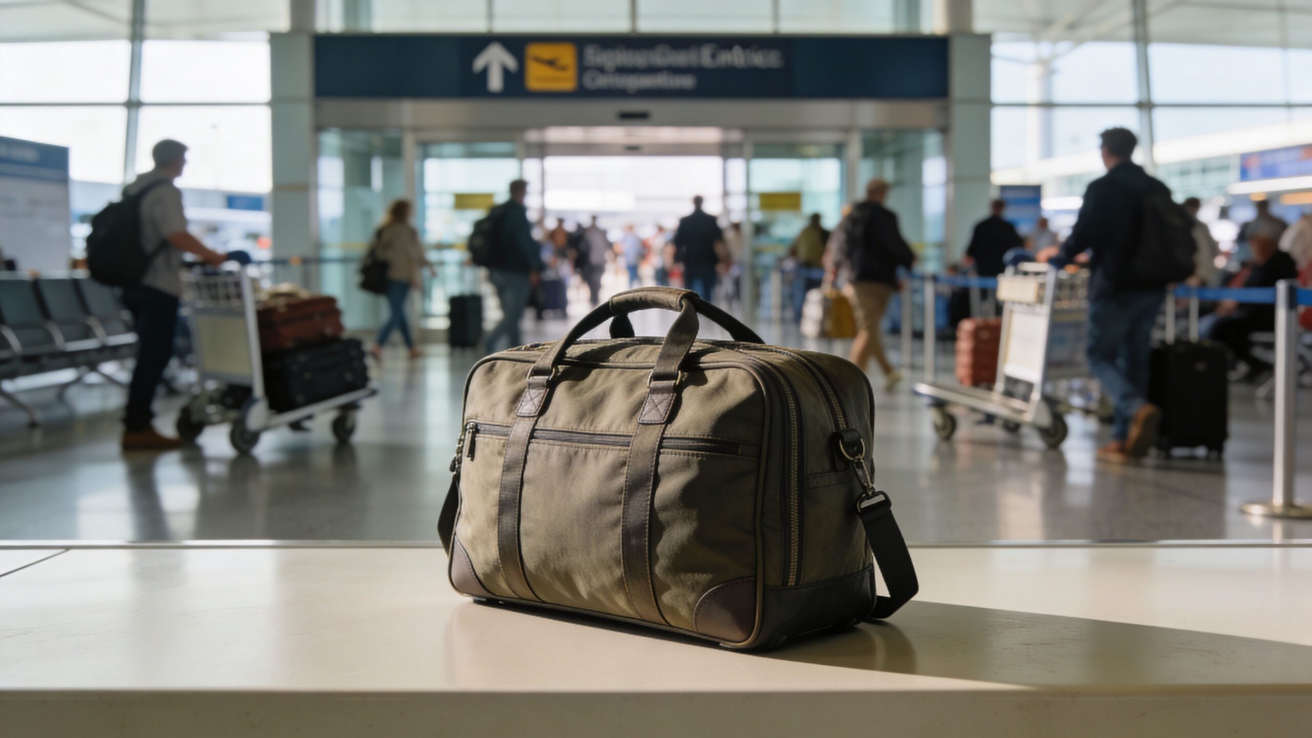 Sedan To LAX: 5 Steps For A Calm Arrival 3 A brown travel bag sitting on a flat surface in a busy airport terminal with passengers.