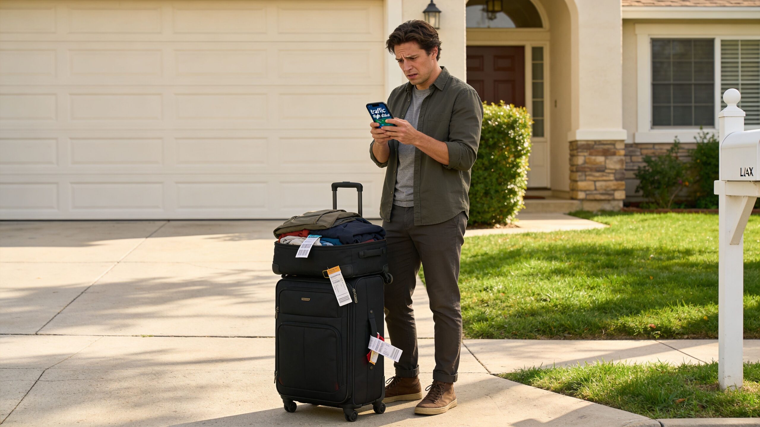Sedan To LAX: 5 Steps For A Calm Arrival 1 A young man standing in a driveway with his luggage while looking at his smartphone outdoors.