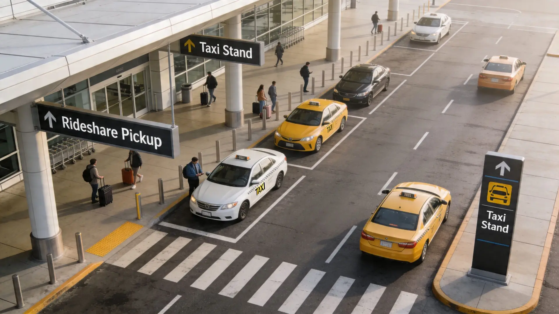 A high-angle view of an airport terminal with taxis picking up passengers near a designated taxi stand.