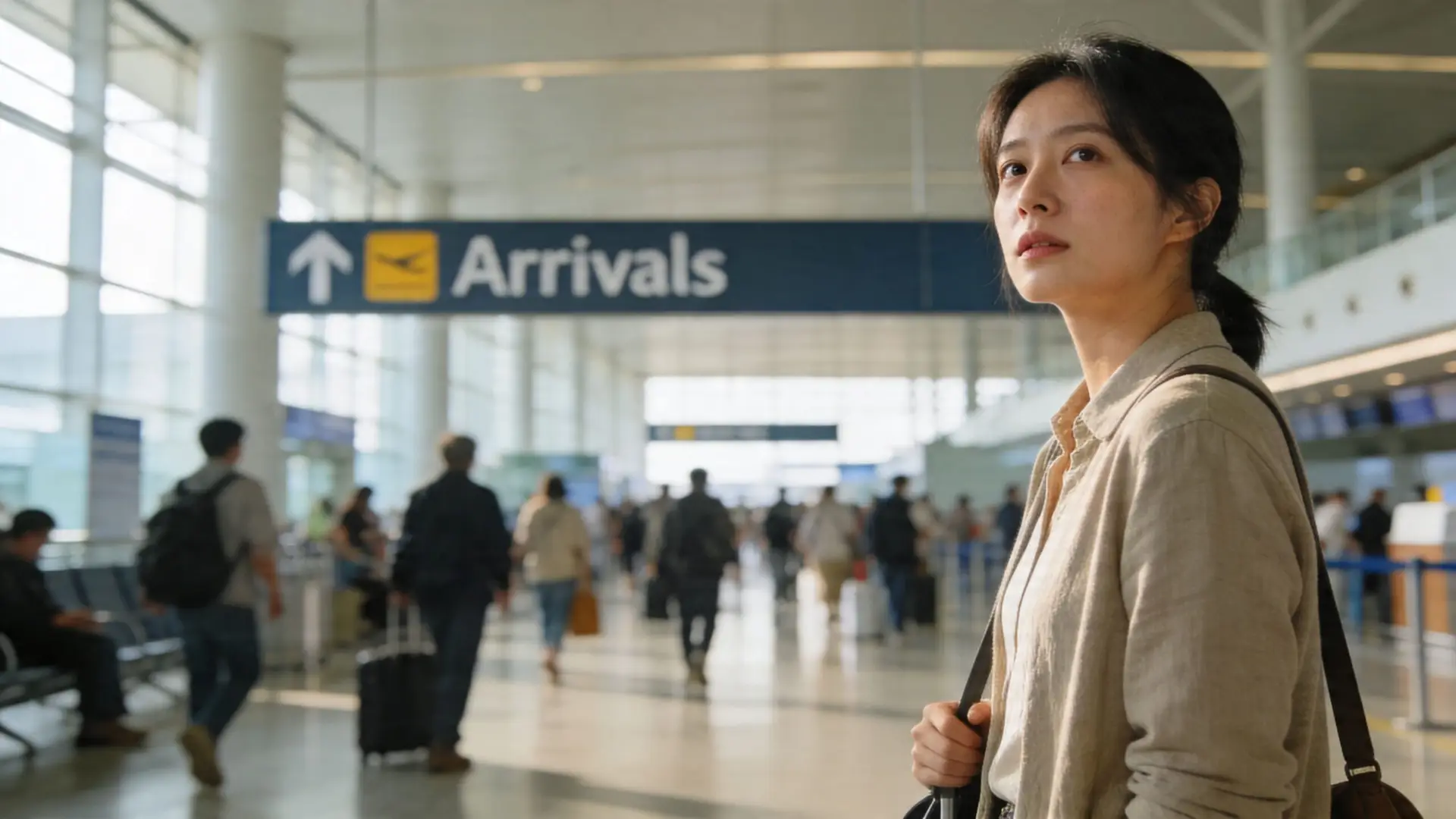 A young woman looking around thoughtfully in a busy airport terminal near the arrivals sign.