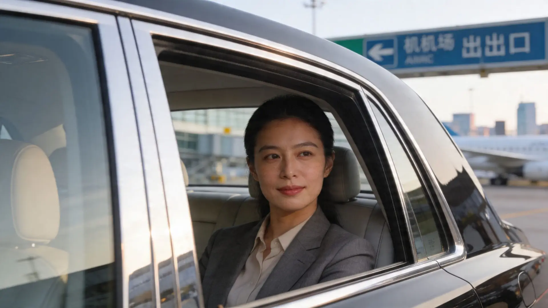 A professional woman in a suit sitting in the back seat of a taxi at the airport.