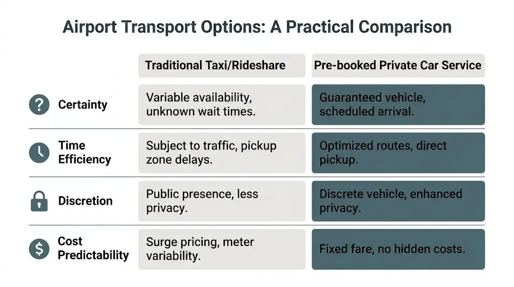 A comparison chart showing the advantages of pre-booked private car services over traditional taxi and rideshare options.
