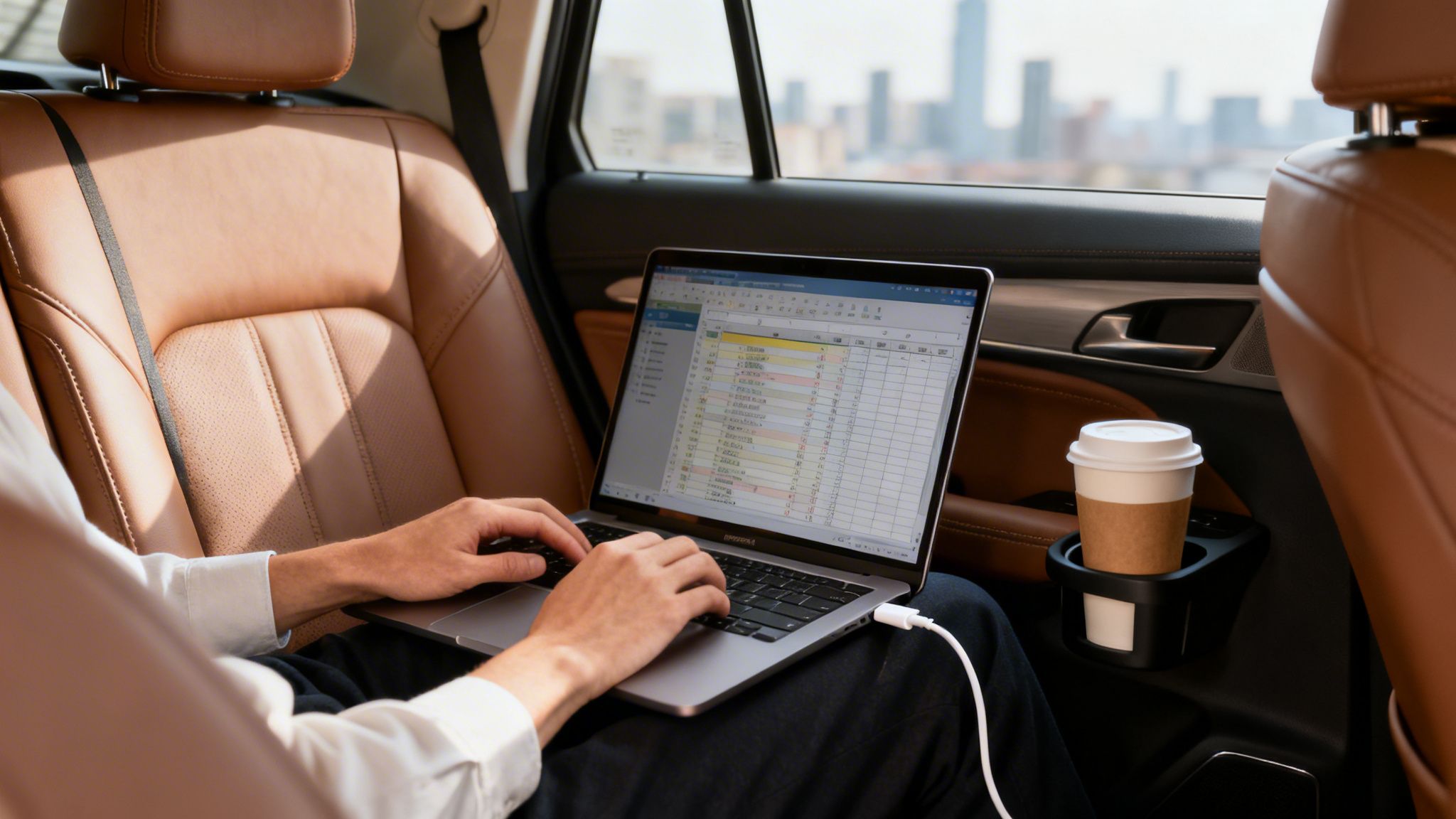 A person working on a laptop in the back seat of a luxurious car, with a city skyline visible outside.