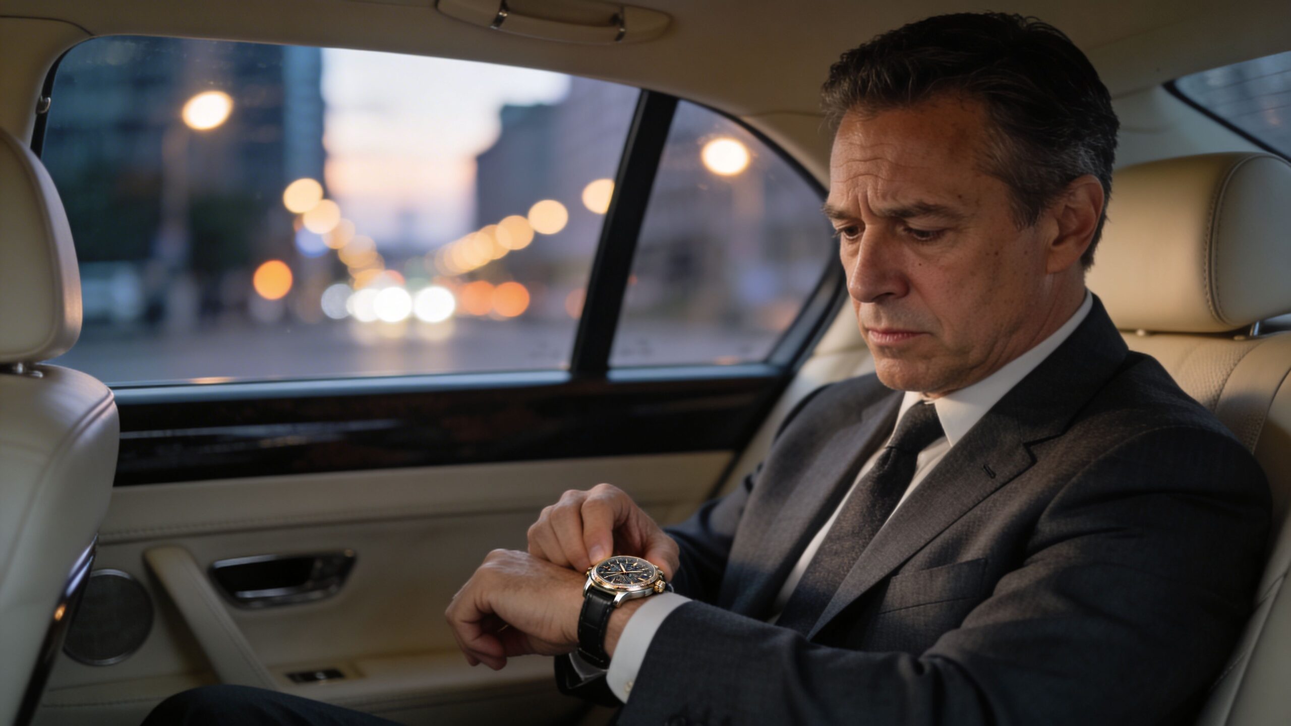 A professional man in a suit checking his wristwatch while riding in the backseat of a car.